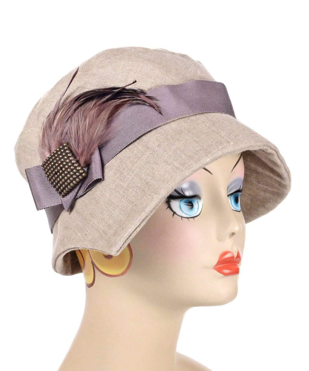 Woman wearing Abigail Hat in Natural Linen with Brown Band without buttons. Handmade in Seattle WA| Pandemonium Millinery 