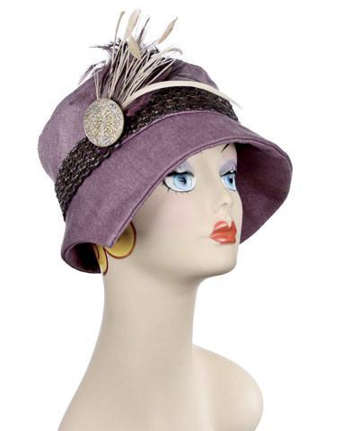 Abigail Hat in Plum Lilac Linen with Grosgrain Cream Band. Trimmed with Cream Feather and Button. Handmade in Seattle WA| Pandemonium Millinery