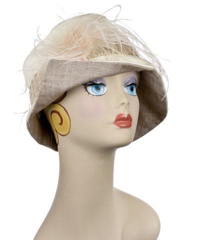 Abigail Hat in Seashell Cream Linen with Braided Band and trimmed with Ostrich Feather. Handmade in Seattle WA| Pandemonium Millinery 