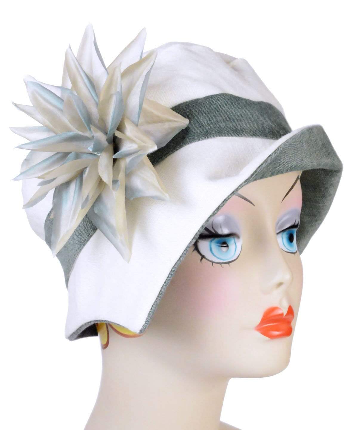 Woman wearing Abigail Hat in Seashell Cream Linen with Juniper Green under trim and  Band. Handmade in Seattle WA| Pandemonium Millinery 