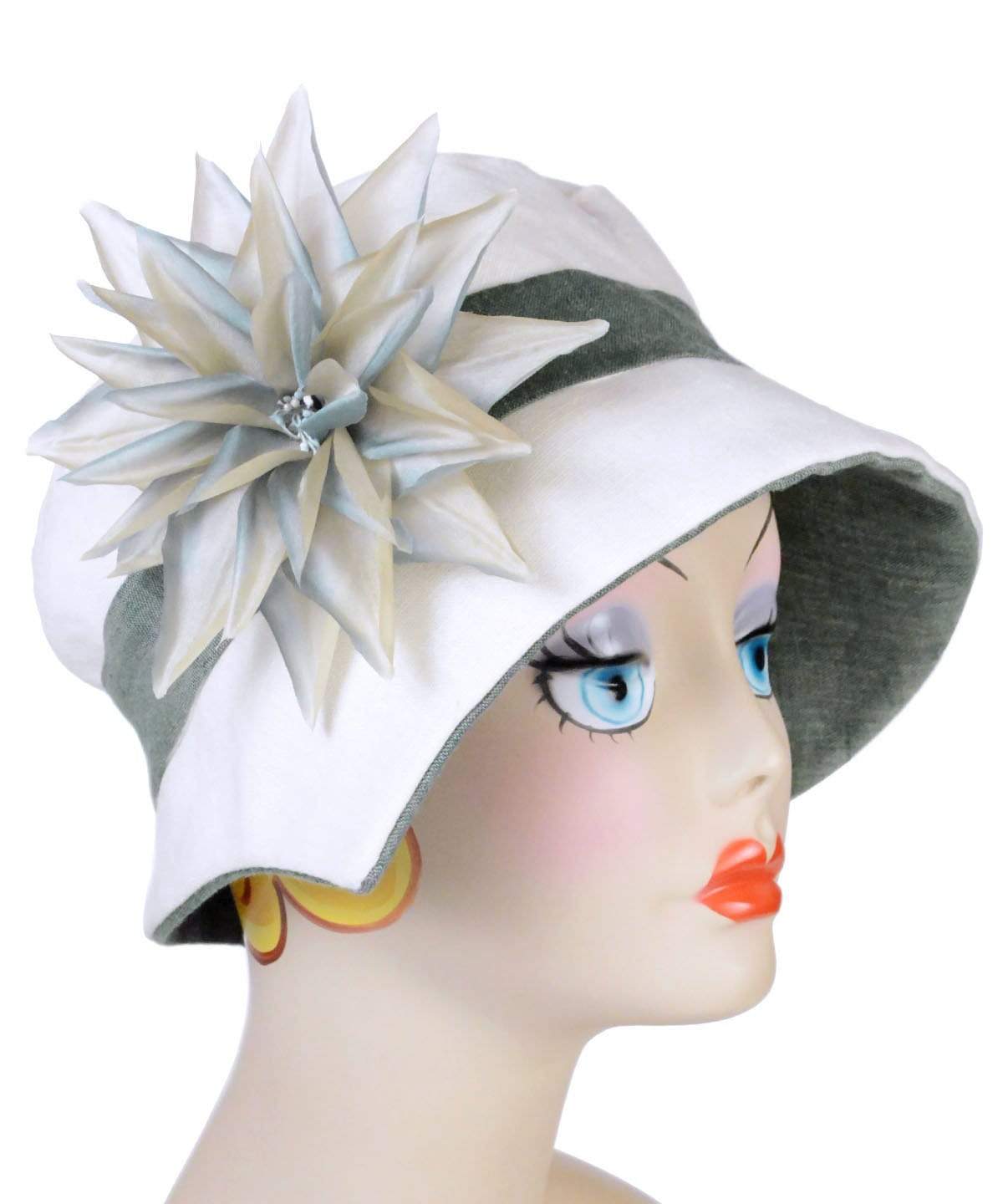 Abigail Hat in Seashell Cream Linen with Juniper Green under trim. Juniper Green Band and large flower trim. Handmade in Seattle WA| Pandemonium Millinery 