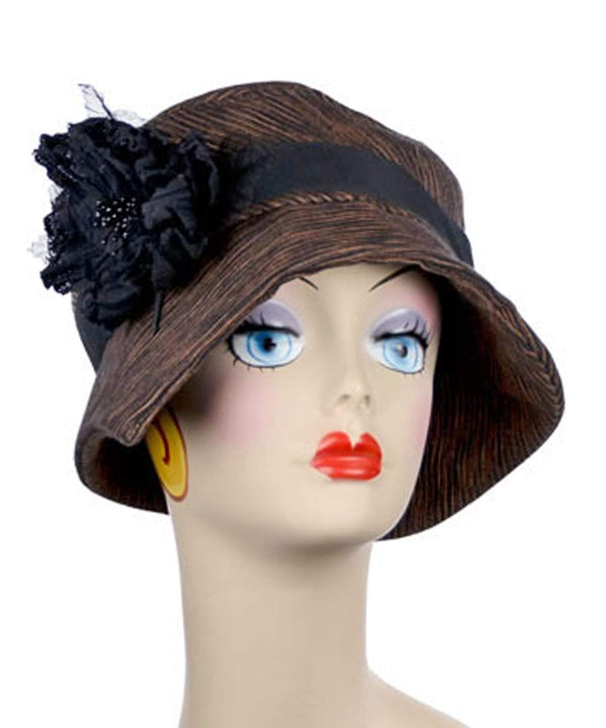Abigail Hat in Sonora Brown-Black with Black Grosgrain Band and Black Linen Flower Brooch. Handmade in Seattle WA| Pandemonium Millinery 