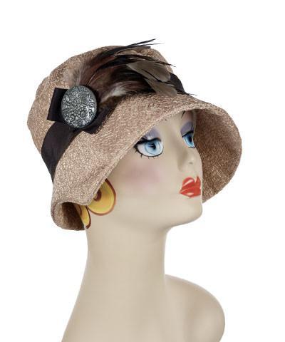 Abigail Hat in Tumbleweed Champagne with Chocolate Grosgrain Band and Steel Pheasant Flower Trim. Handmade in Seattle WA| Pandemonium Millinery 
