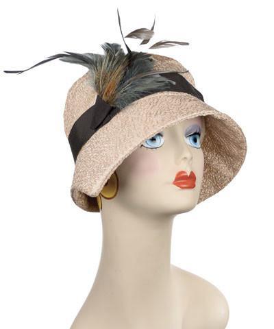 Abigail Hat in Tumbleweed Champagne with Chocolate Grosgrain Band and Steel Pheasant Flower Trim. Handmade in Seattle WA| Pandemonium Millinery 