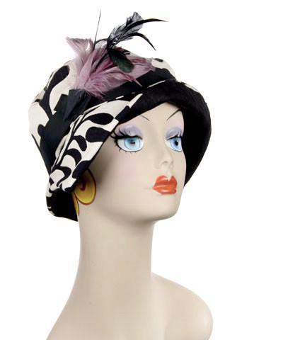Abigail Hat in White and Black Paisley with Black Grosgrain Band and Black and Mauve Flower Trim. Handmade in Seattle WA| Pandemonium Millinery 