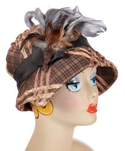 Abigail Hat in Copper Plaid with Chocolate Grosgrain Band and Silver-Copper Feather Trim. Handmade in Seattle WA| Pandemonium Millinery 