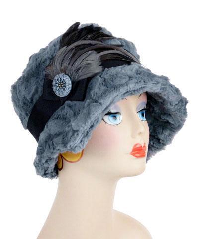 Abigail Hat in Blue Slate Faux Fur with Black Grosgrain Band, and Black Feather Trim with Blue Button. Handmade in Seattle WA| Pandemonium Millinery 