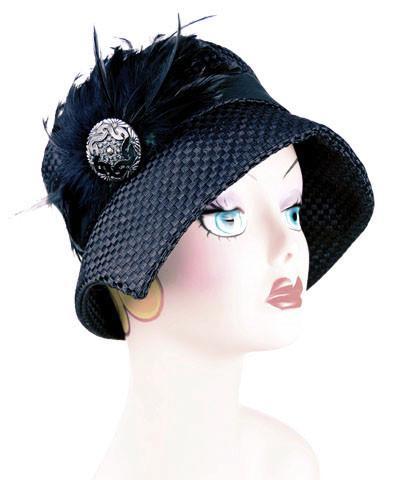 Close up of Abigail Hat in Black Interconnected Weave Fabric with Black Grosgrain Band. Black Feathers and Silver Button Trim. Handmade in Seattle WA| Pandemonium Millinery 