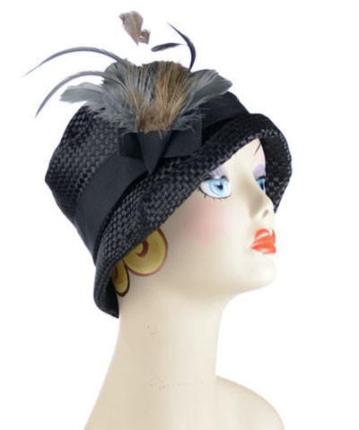 Abigail Hat in Black Interconnected Weave Fabric with Black Grosgrain Band. Black and Steel Pheasant Feathers. Handmade in Seattle WA| Pandemonium Millinery 