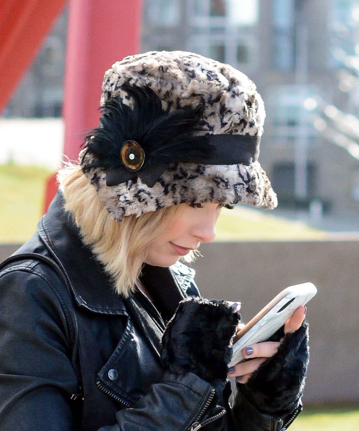 Abigail Style Hat - Luxury Faux Fur in Carpathian Lynx with Black Faux Suede Medium / Faux Suede Cross-Over Band - Black / Feather - Black Fan / Button - Black &amp; Gold Capiz Shell Hats Pandemonium Millinery