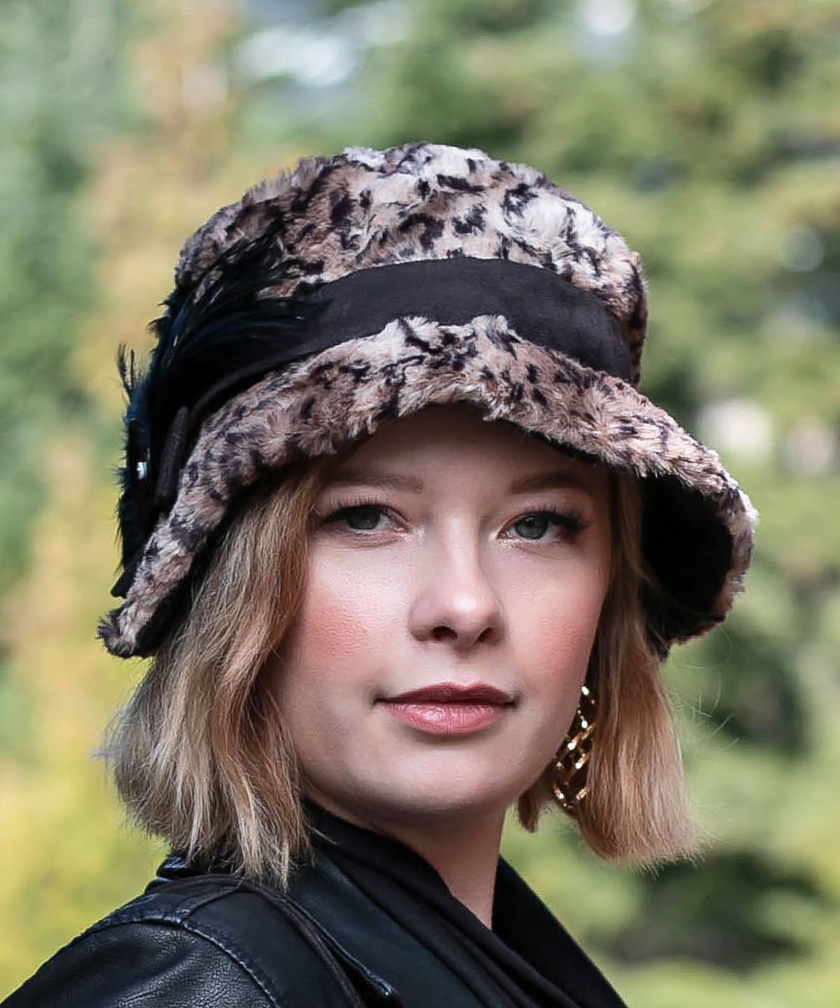 Abigail Style Hat - Luxury Faux Fur in Carpathian Lynx with Black Faux Suede Medium / Faux Suede Cross-Over Band - Black / Feather - Black Fan / Button - Black &amp; Gold Capiz Shell Hats Pandemonium Millinery