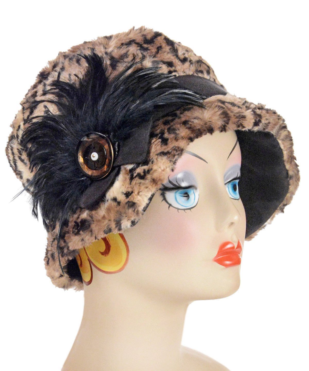 Abigail Style Hat - Luxury Faux Fur in Carpathian Lynx with Black Faux Suede Medium / Grosgrain Band - Black / Feather - Black &amp; Brooch - Black/Silver Berries Hats Pandemonium Millinery