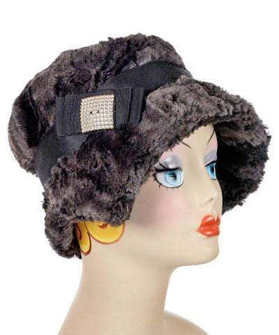 Abigail Hat in Luxury Espresso Bean Faux Fur with Black Grosgrain Band and Black Silver Button| Handmade in Seattle WA| Pandemonium Millinery 