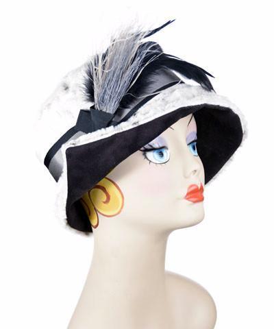 Abigail Hat in Winter’s Frost White Luxury Faux Fur with Black Faux Suede under rim. Rim turned up. Trimmed with Black Grosgrain Band and Assorted Feathers| Handmade in Seattle WA| Pandemonium Millinery 