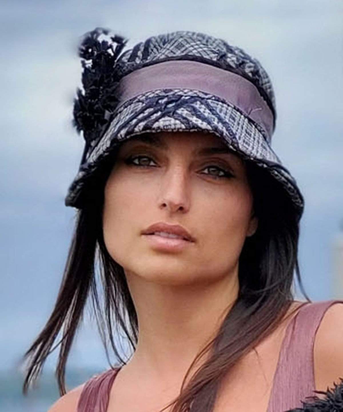 Woman facing forward wearing Abigail Hat in Silver Plaid with Mauve Velvet Band and Trim| Handmade in Seattle WA| Pandemonium Millinery 