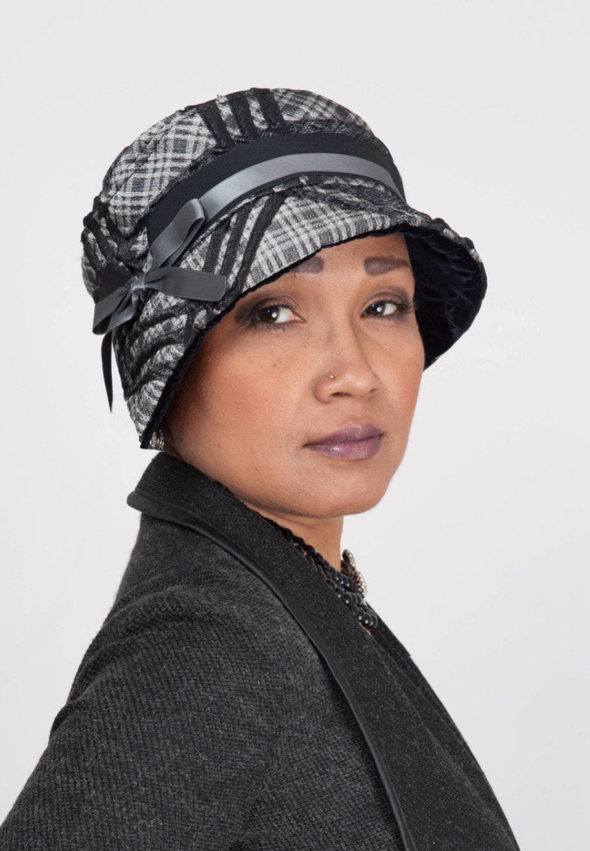 Side view woman wearing Abigail Hat in Silver Plaid with Black Velvet Band| Handmade in Seattle WA| Pandemonium Millinery 
