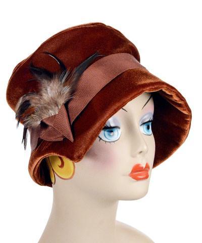 Side view of woman wearing Abigail Hat in Citrine Velvet with Rust Grosgrain Band and Pheasant Feathers| Handmade in Seattle WA| Pandemonium Millinery 
