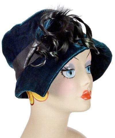 Abigail Hat in Emerald Velvet with Black Grosgrain Band, Feathers and Rhinestone Brooch| Handmade in Seattle WA| Pandemonium Millinery 