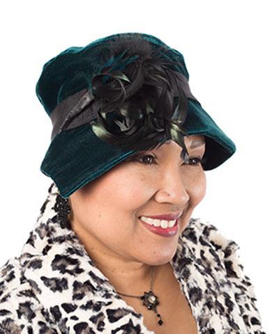 Woman wearing Abigail Hat in Emerald Velvet with Black Grosgrain Band and Emerald Black Feathers| Handmade in Seattle WA| Pandemonium Millinery 