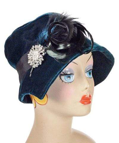 Abigail Hat in Emerald Velvet with Black Grosgrain Band, Feathers and Rhinestone Brooch| Handmade in Seattle WA| Pandemonium Millinery 