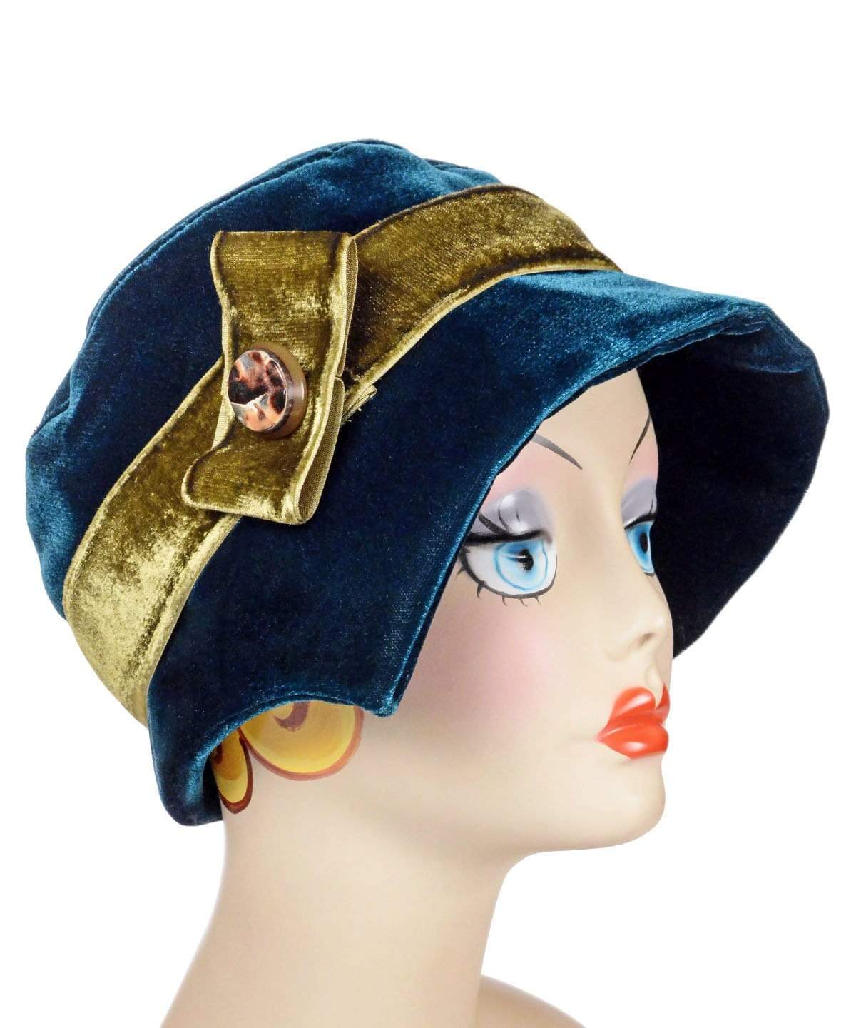 Abigail Hat in Emerald Velvet with Olive Green Band with Caramel Button| Handmade in Seattle WA| Pandemonium Millinery 
