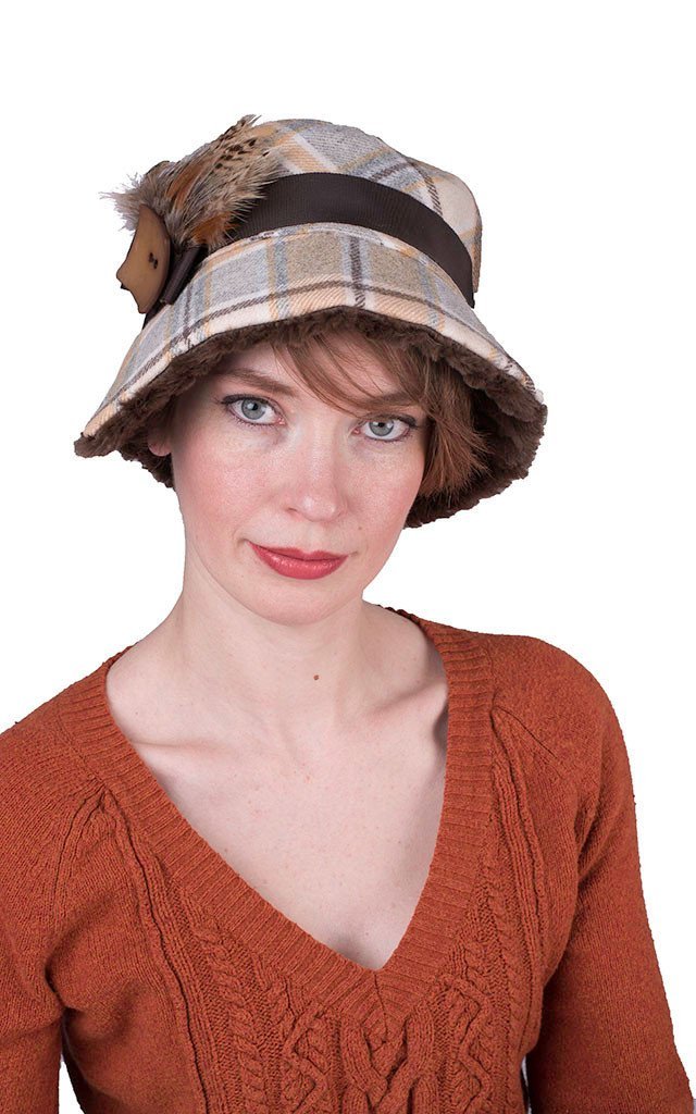 Woman wearing Abigail Hat in Daybreak Wool Brown and Orange Plaid with Chocolate Faux Fur under brim| Handmade in Seattle WA| Pandemonium Millinery 