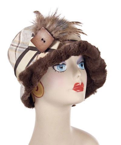 Abigail Hat in Daybreak Wool Brown and Orange Plaid with Chocolate Faux Fur rim turned up| Handmade in Seattle WA| Pandemonium Millinery 