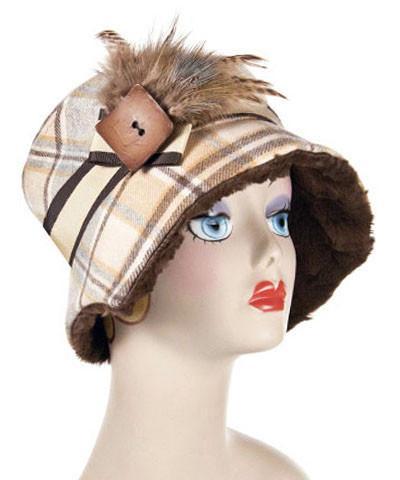 Abigail Hat in Daybreak Wool Brown and Orange Plaid with Chocolate Faux Fur rim turned up| Handmade in Seattle WA| Pandemonium Millinery 
