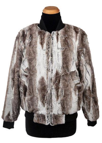 Reversible Amelia Bomber Jacket in Brown and Ivory Birch Luxury Faux Fur and Black Faux Fur| Handmade in Seattle WA| Pandemonium Millinery