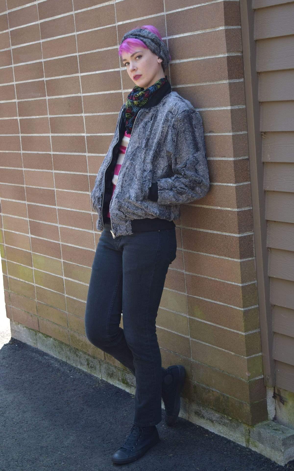 Woman wearing unzipped Amelia Bomber Jacket in Gray Nimbus Luxury Faux Fur and Black Faux Fur | Handmade in Seattle WA| Pandemonium Millinery