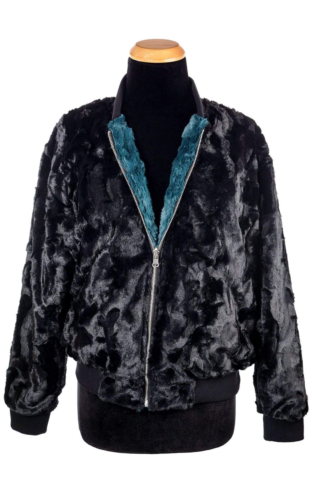 Reversible Amelia Bomber Jacket in Peacock Pond Blue Faux Fur and Black Faux Fur, showing pockets | Handmade in Seattle WA| Pandemonium Millinery