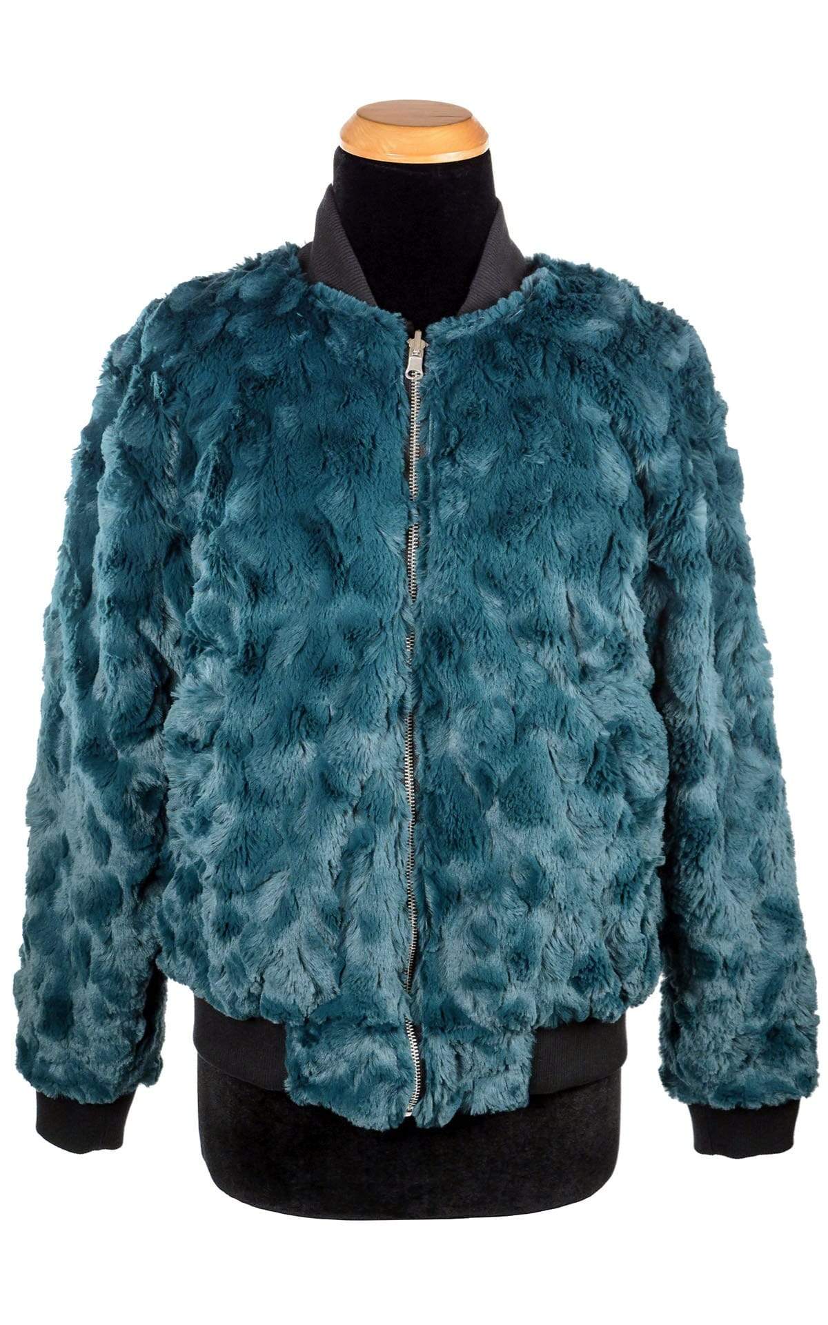 Zipped, reversible Amelia Bomber Jacket in Peacock Pond Blue Faux Fur and Black Faux Fur | Handmade in Seattle WA| Pandemonium Millinery