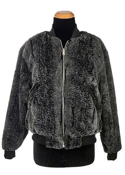 Reversible Amelia Bomber Jacket in Gray Rattlesnake Ridge Luxury Faux Fur with Black Faux Fur | Handmade in Seattle WA| Pandemonium Millinery