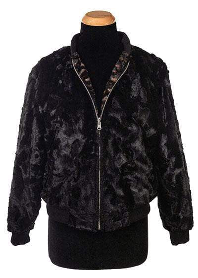 Zipped, reversible Amelia Bomber Jacket in Vintage Rose Faux Fur and Black Faux Fur | Handmade in Seattle WA| Pandemonium Millinery