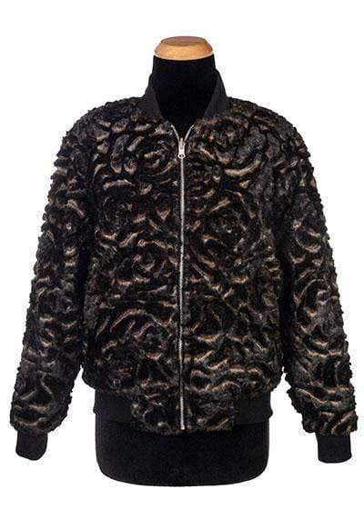 Zipped, reversible Amelia Bomber Jacket in Vintage Rose Faux Fur and Black Faux Fur | Handmade in Seattle WA| Pandemonium Millinery