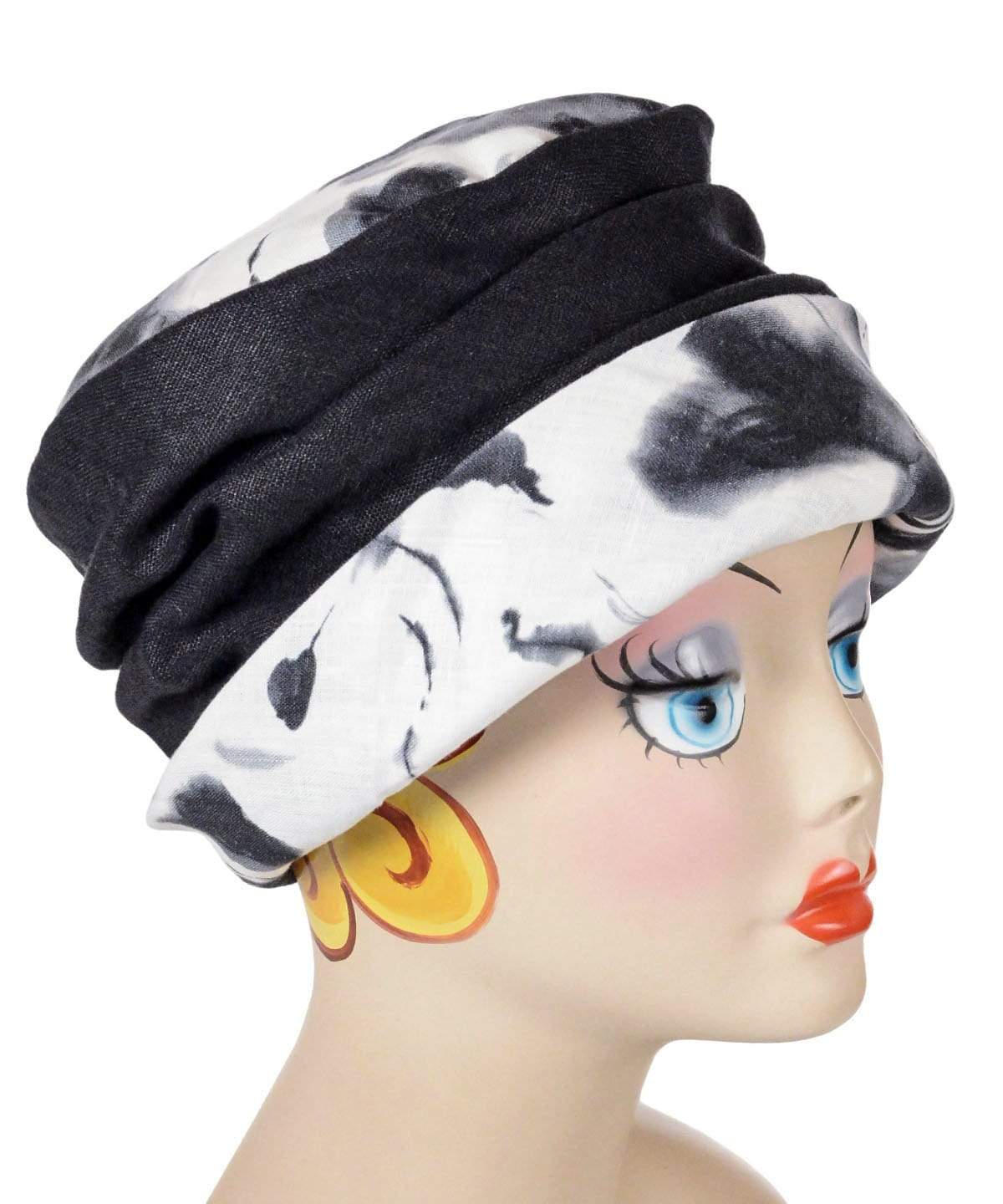 Ana Cloche Hat in Black and White Floral Linen with Black Linen Band| Handmade in Seattle WA| Pandemonium Millinery