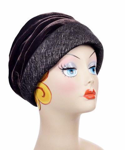 Ana Cloche Hat in Bongo Black-Beige Upholstery Fabric with Chocolate Velvet Band| Handmade in Seattle WA| Pandemonium Millinery