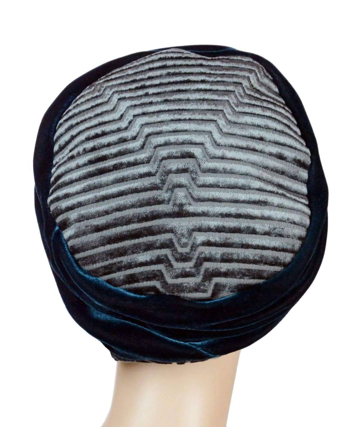 Back view of Ana Cloche Hat in Bonsai Green Chenille with Teal Velvet Band| Handmade in Seattle WA| Pandemonium Millinery