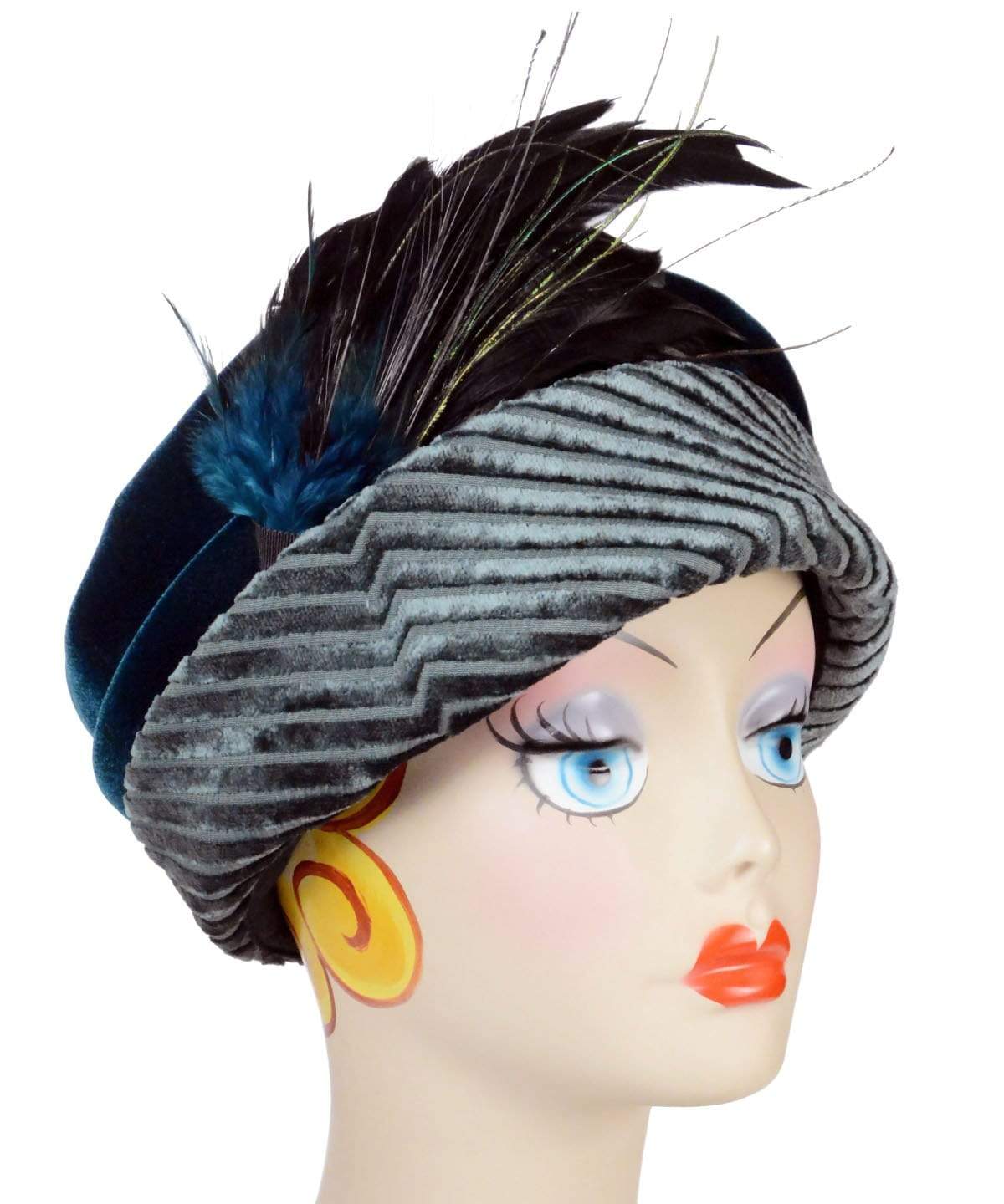 Ana Cloche Hat in Bonsai Green Chenille with Teal Velvet Band and Black-Teal Feathers| Handmade in Seattle WA| Pandemonium Millinery