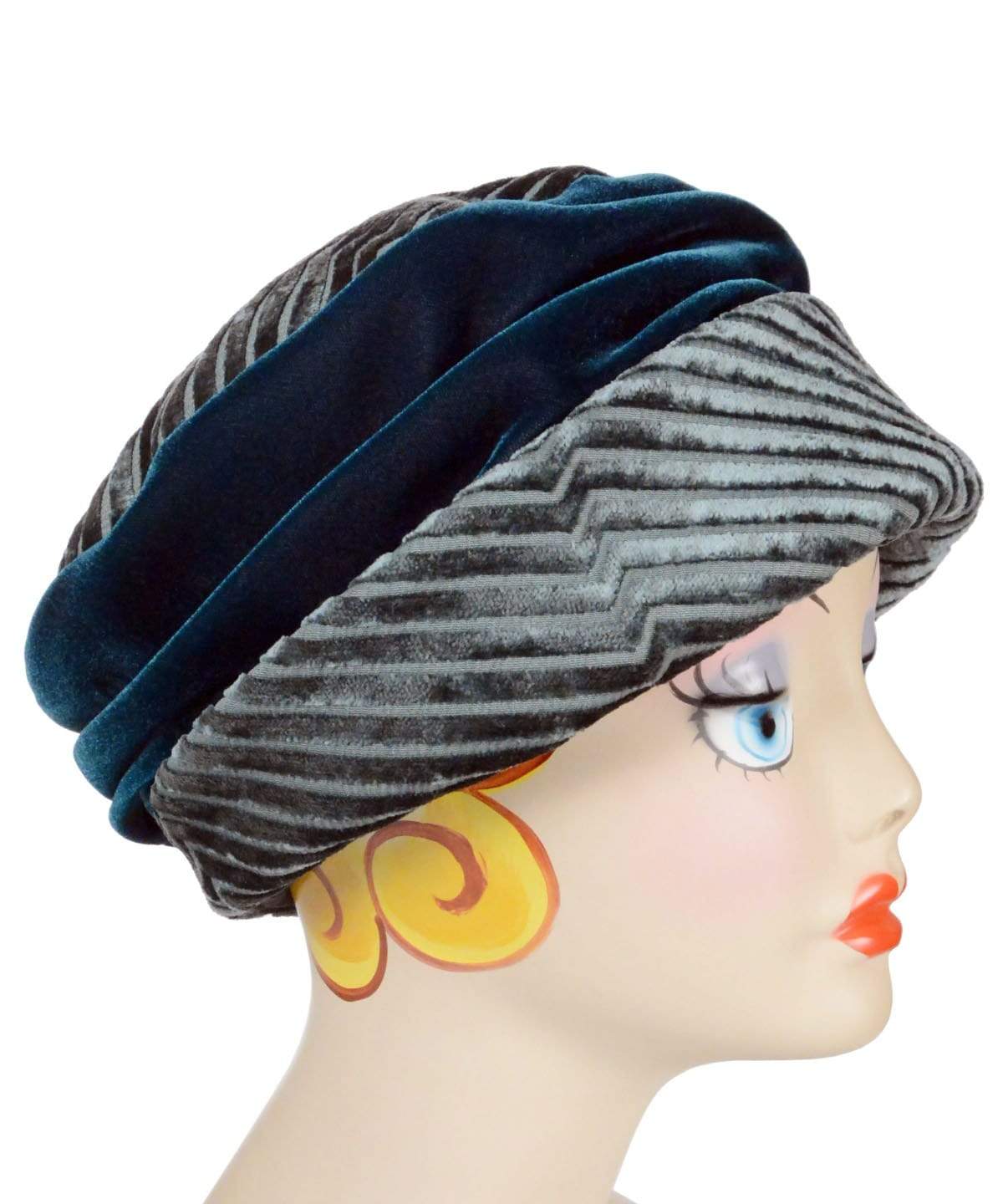 Side view of Ana Cloche Hat in Bonsai Green Chenille with Teal Velvet Band| Handmade in Seattle WA| Pandemonium Millinery