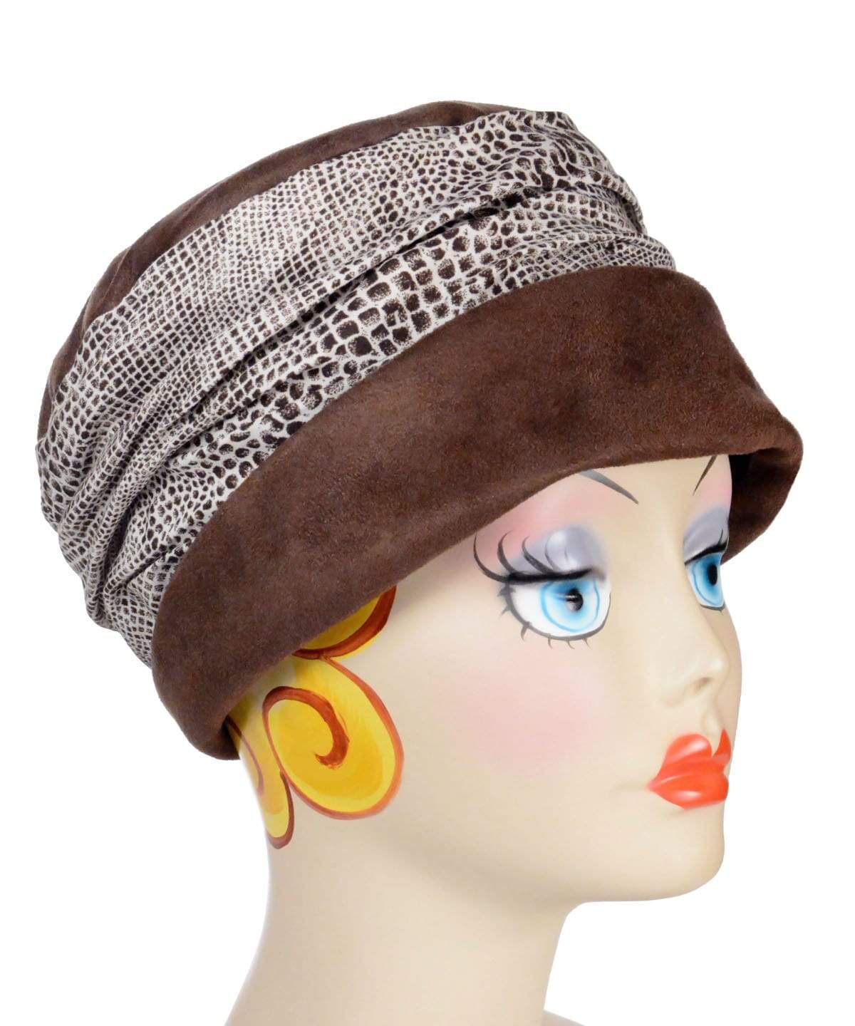 Woman wearing Ana Cloche Hat in Chocolate Faux Suede and Cobra Snake Band| Handmade in Seattle WA| Pandemonium Millinery
