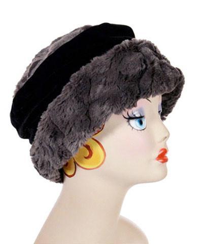 Woman wearing Ana Cloche Hat in Gray Cuddly Faux Fur with Black Velvet Band| Handmade in Seattle WA| Pandemonium Millinery