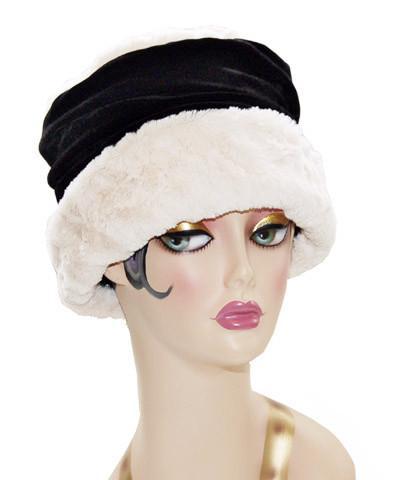 Front view of Ana Cloche Hat in Ivory Cuddly Faux Fur with Black Velvet Band| Handmade in Seattle WA| Pandemonium Millinery