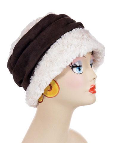 Side view of Ana Cloche Hat in Ivory Cuddly Faux Fur with Chocolate Faux Suede Band| Handmade in Seattle WA| Pandemonium Millinery