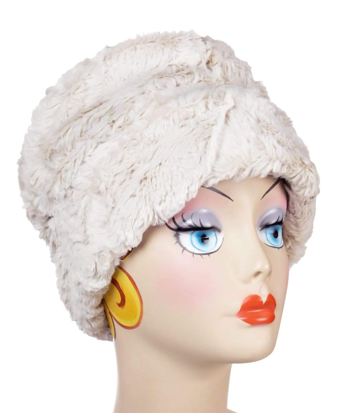 Side view of Ana Cloche Hat in Sand Cuddly Faux Fur with no band| Handmade in Seattle WA| Pandemonium Millinery
