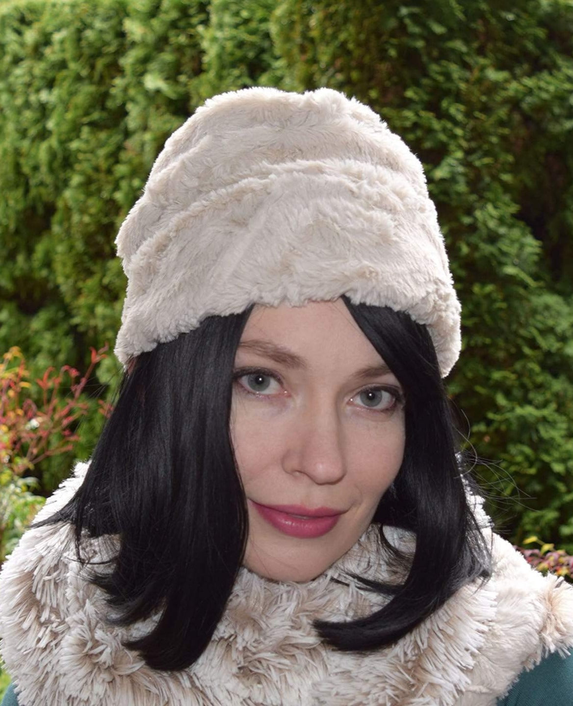 Woman wearing Ana Cloche Hat in Sand Cuddly Faux Fur| Handmade in Seattle WA| Pandemonium Millinery