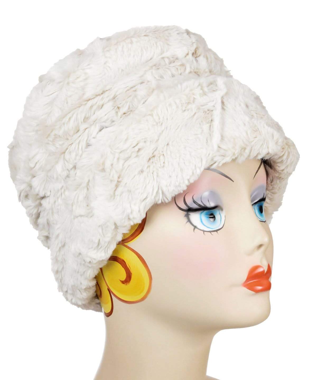 Side view of Ana Cloche Hat in Sand Cuddly Faux Fur with no band| Handmade in Seattle WA| Pandemonium Millinery