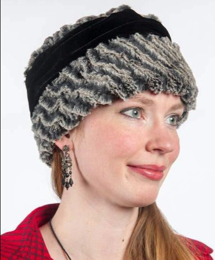 Side view of woman wearing Ana Cloche Hat in Charcoal Desert Sand Faux Fur with Black Velvet Band| Handmade in Seattle WA| Pandemonium Millinery