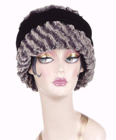 Side view of woman wearing Ana Cloche Hat in Charcoal Desert Sand Faux Fur with Black Velvet Band| Handmade in Seattle WA| Pandemonium Millinery