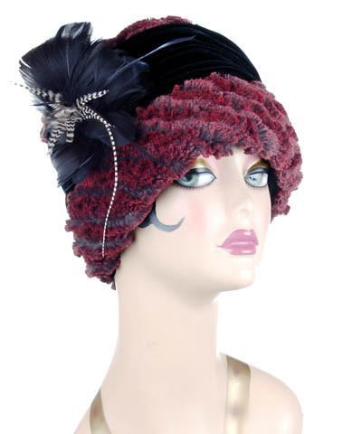 Side view of Ana Cloche Hat in Crimson Desert Sand Faux Fur with Black Velvet Band and Feathers| Handmade in Seattle WA| Pandemonium Millinery